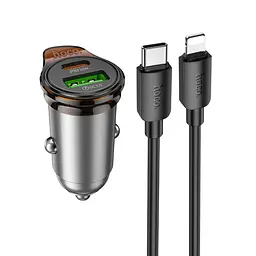 Автомобільний зарядний пристрій Hoco NZ16A USB/Type-C 43W PD QC 25W metal grey + кабель Type-C to Lightning