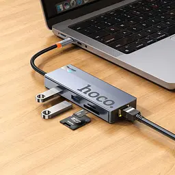 Usb-хаб Hoco HB52 Wow 8-in-1 multi-function converter (HDTV+RJ45+SD / TF+PD+Type-C3.0+Usb3.0x2) Темно-сірий - мініатюра 3