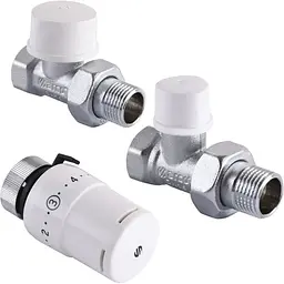 Набір Крани радіаторні прямі Arco 1/2″ подача + зворотка + термоголовка KCT02 М30