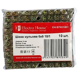 Шина нульова ELECTROHOUSE 6х9мм2 10/1 (1 отвір) EH-BT691001