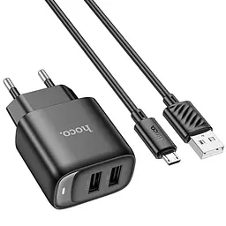 Мережевний зарядний пристрій Hoco C141A Smart 2.1A 2USB-A + кабель USB to MicroUSB Black - мініатюра 4