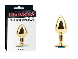 Анальная металлическая пробка с камнем в форме сердца Chisa – Hi-Basic Blue Gem Anal Plug, 7.1х2.8 см, золотистая с голубым