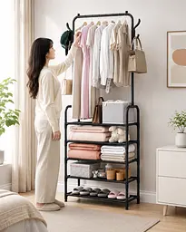 Вішалка для одягу з полицями для взуття Clothes Rack Up / Металева підлогова стійка 170×60×26 см - мініатюра 4