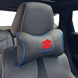 Подушка на підголівник з логотипом Suzuki Екошкіра 3D Кольоровий лого Чорна-Синій кант 1 шт