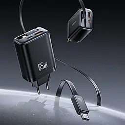 МЗП Usams US-CC299 GaN With Retractable Type-C Cable Xiang Ser. 65W (1USB-A/1C) Black - мініатюра 2