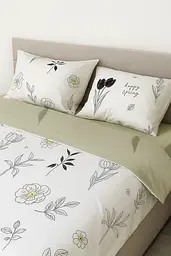 Комплект постільної білизни Ecotton двоспальний Євро 210х220 см сатин Квіти білий та зелений (рис. 24303) (24814) - мініатюра 2