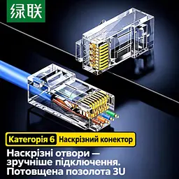 Наскрізні конектори для витої пари UGREEN NW171 10 шт. для жил з ізоляцією діаметром 0,95–1,05 мм Pass-through штекери RJ45 Cat6 UTP тризубі позолочені контакти прозорі із золотистими контактами (45557) - мініатюра 7