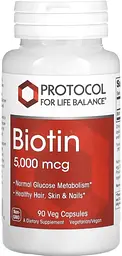 Біотин для волосся (Вітамін В7) Protocol for Life Balance Biotin 5000 мкг 90 капс