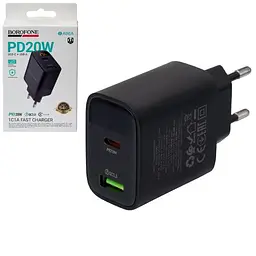 Мережевий зарядний пристрій BOROFONE BA96A Type-C: 20W, USB-A: 18W LED дисплей, Black
