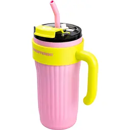 Термочашка ThinkDifferent 860 мл з кришкою на защіпці та ручкою, рожевий з жовтим Happy Life HP28487P - мініатюра 6