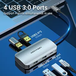 Хаб USB 3.1 Type-C -> 4хUSB 3.0/PD 100W 5-in-1 Vention - мініатюра 2