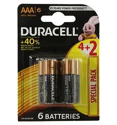 Батарейка AAA (LR03), лужна, Duracell Duralock Basic, 6 шт, 1.5V, (MN2400 6BL)