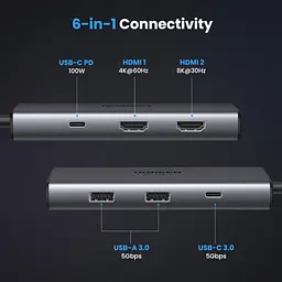 Концентратор Ugreen USB3.1 Type-C to HDMIx2 4K60Hz (8k30Hz)/USB3.0x2/Type-C/PD 100W CM498 (15852) - мініатюра 2