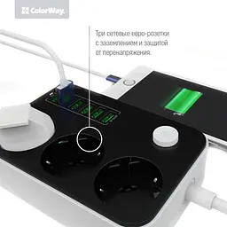 Фільтр живлення ColorWay CW-CHE36B 3 розетки, 6 USB, 1.8 м, чорний - мініатюра 4