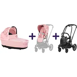 Люлька Cybex Priam Lux Simply flowers pink + Комплект текстилю Cybex Priam Simply flowers pink + Шасі Cybex Priam з каркасом LS RBA Matt Black