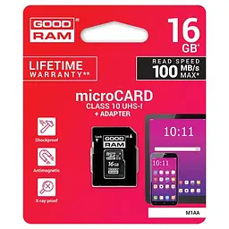 Карта пам'яті GoodRam MicroSDHC 16GB UHS-I Class 10 + SD-adapter (M1AA-0160R12) - мініатюра 2
