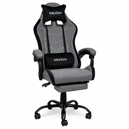 Геймерське крісло DEXON ORION X з підставкою для ніг, з тканини+подушки велюр, металева хрестовина, Сірий