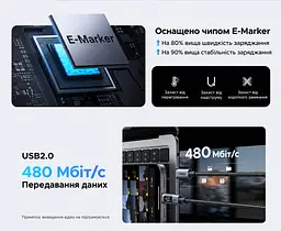 Кабель UGREEN L530 USB-C - USB-C PD 240 Вт з LED-дисплеєм 1 м чорний (65866) - мініатюра 6