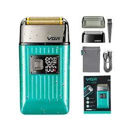 Електробритва VGR V-357 GREEN, подвійне лезо, 2 насадки, висувний триммер, IPX6, LED display, Box - мініатюра 3