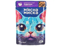 Пауч М'ЯСНА МИСКА Пауч 100г для котів шматочки в соусі з індичкою та печінкою