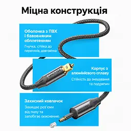 Оптический аудиокабель Vention 1 м тослинк S/PDIF штекер Toslink к штекеру Mini Toslink 3,5 мм наружный диаметр кабеля 4,5 мм оболочка PVC с хлопковой оплёткой чёрный с золотистыми частями штекеров (BKCBF) - миниатюра 5