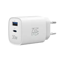 Зарядний пристрій мережевий MAKE 30W GaN3 Type-C PD3.0 + USB QC3.0 White