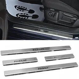 Накладки на пороги для Volkswagen Passat B9 2019- (Europe) Нержавіюча сталь із загином та Логотипом 4 шт (Premium P-VW61)