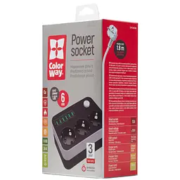 Мережевий фільтр живлення ColorWay CW-CHЕ36B, 3 розетки/6USB Black 1.8M (CW-CHE36B) - мініатюра 9