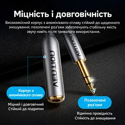 Аудіокабель-подовжувач Vention 2 м Jack 6,35 мм TRS штекер на гніздо для подовження кабелю навушників із відповідним штекером з екрануванням фольгою та металевим обплетенням у бавовняному обплетенні з позолоченими роз’ємами сірий (BCXHH) - мініатюра 5