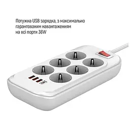 Мережевий фільтр живлення ColorWay CW-CHE64PDW, 6 розеток/4USB 2M (CW-CHE64PDW) - мініатюра 6