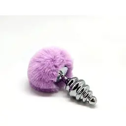 Металева анальна пробка Кролячий хвостик Alive Fluffy Twist Plug L Purple діаметр 3.8 см - мініатюра 3