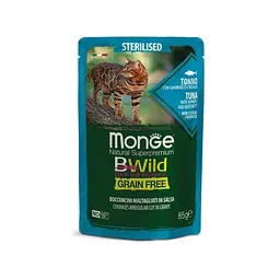 Беззернова консерва MONGE BWILD Sterilised із тунця з креветками та овочами для стерилізованих кішок 85 гр