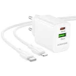 МЗП Borofone BN29 Fuente PD30W+QC3.0 (1USB-A/1C) + кабель Type-C to Lightning White - мініатюра 4