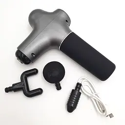 М'язовий масажер для тіла ручний акумуляторний портативний 3 насадки Fascial Gun mini сірий - мініатюра 3