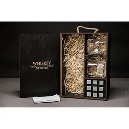Подарунковий набір Whiskey Stones камені для віскі у дерев'яному пеналі №7 + 2 склянки Bormioli Rocco Cassiopea + щипці + мішечок - мініатюра 2