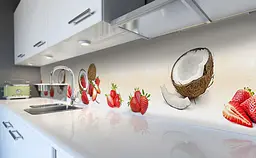 Вініловий кухонний фартух Полуниця і Кокос наклейка для кухні ПВХ фрукти ягоди Бежевий Happy Pocket Z181833
