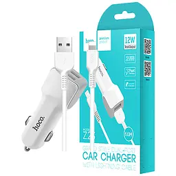 Адаптер автомобільний Hoco Z23 + кабель Lightning зарядний комплект 2 USB 12 W 2.4A білий - мініатюра 3