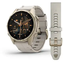 Смарт-годинник Garmin Fenix 8 43 мм AMOLED Сапфір Туманно-сірий/М'яке золото з шкіряним ремінцем QuickFit 20 мм