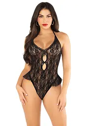 Боді з відкритою спиною та рюшами на стегнах Leg Avenue Lace Floral Lace Halter Teddy One Size, Black - мініатюра 1