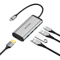USB-Хаб Vention Type-C to HDMI/USB3.0*3/PD Converter 0.15M Gray Metal Type (CNBHB) - мініатюра 2