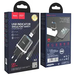 Мережевий зарядний пристрій 1USB Hoco N1 Ardent 2.4A Black + USB Cable Lightning - мініатюра 2