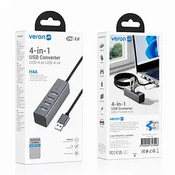 USB-хаб Veron H4A 4-в-1, USB-A на 4 USB-A, USB 2.0, 480 Мбіт/с, кабель 1 м - мініатюра 7