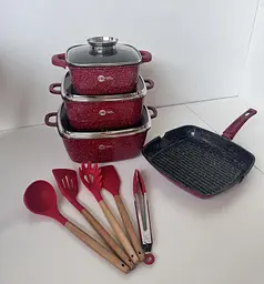 Набір каструль, сотейник і квадратна сковорода Higher Kitchen з лопатками 14 предметів червоний, чорний HK-317 - мініатюра 3