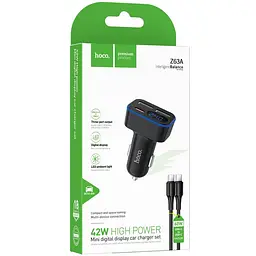 АЗП Hoco Z63A Barry PD42W+QC3.0 (2USB-A/1C) + кабель Type-C to Type-C Black - мініатюра 2