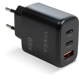 Зарядний пристрій Vinga GaN 65 Вт, PD + QC, настінний, порти: 2xUSB-C + 1xUSB-A (VCPCHCCA65B)