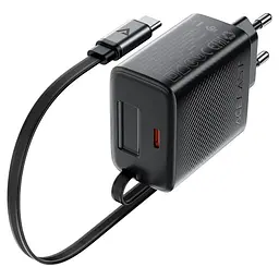 Мережевий зарядний пристрій з кабелем Acefast A110 PD30W GaN charger (USB-C+USB-C) with retractable cable (EU) чорний - мініатюра 3