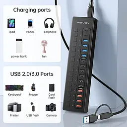 Розумний USB hub Acasis DS-516PB на 16 портів USB-C/USB 5 Гбіт/с розгалужувач з живленням від мережі (Чорний) - мініатюра 3