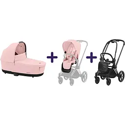 Люлька Cybex Priam Lux Peach Pink + Текстиль для прогулянкового блоку Cybex Priam Peach Pink + Шасі Cybex Priam з каркасом LS RBA Matt Black