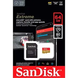 Карта пам'яті SanDisk 64GB microSD class 10 UHS-I Extreme For Action Cams and Dro (SDSQXAH-064G-GN6AA) - мініатюра 5