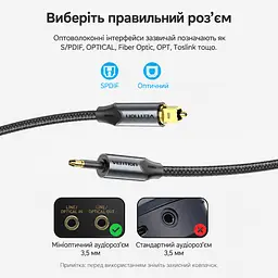 Оптический аудиокабель Vention 1 м тослинк S/PDIF штекер Toslink к штекеру Mini Toslink 3,5 мм наружный диаметр кабеля 4,5 мм оболочка PVC с хлопковой оплёткой чёрный с золотистыми частями штекеров (BKCBF) - миниатюра 2